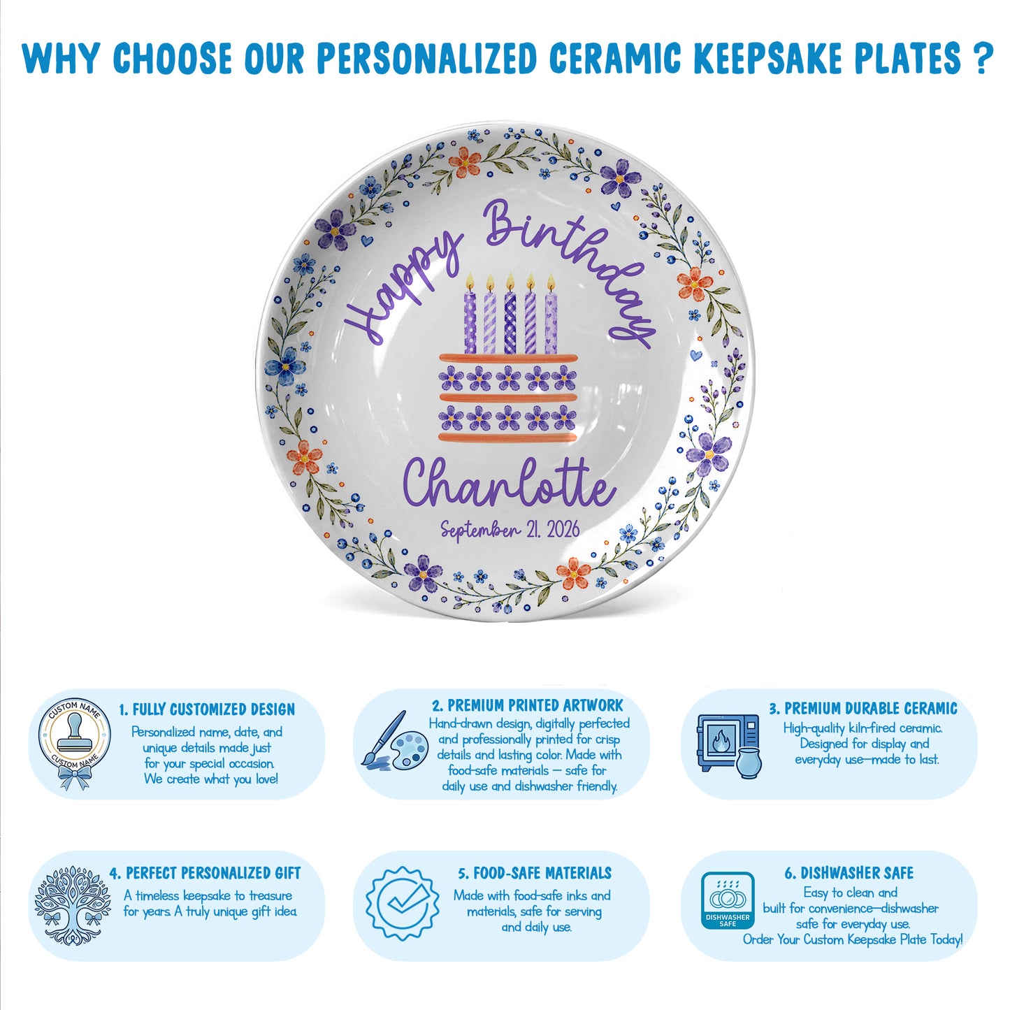 Purple Floral Personalized Birthday Plate for Girls, Custom Birthday Keepsake Gift P723G7E0