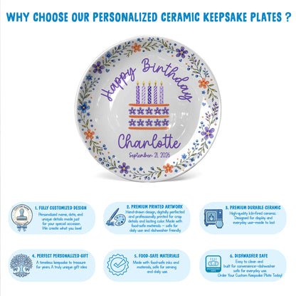 Purple Floral Personalized Birthday Plate for Girls, Custom Birthday Keepsake Gift P723G7E0