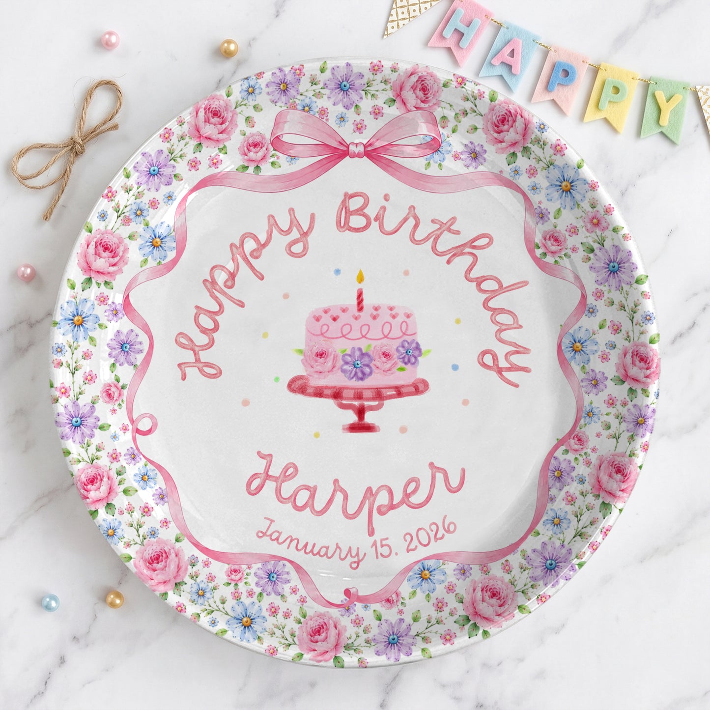Pink Bow Floral Birthday Keepsake Personalized Birthday Plate D73RDS0
