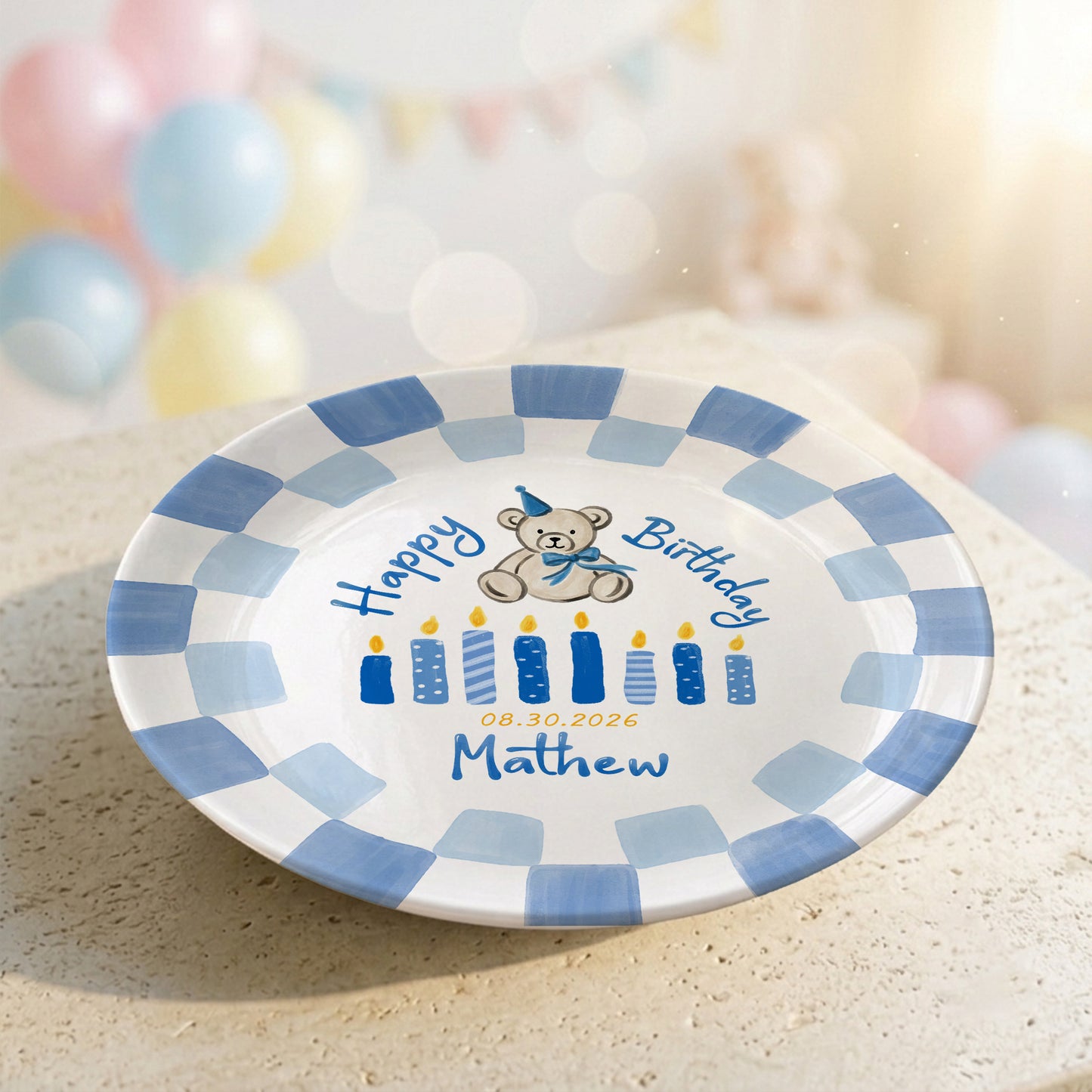 Blue Teddy Bear Birthday Cake Keepsake Personalized Birthday Plate For Kids Gift P713IUP0