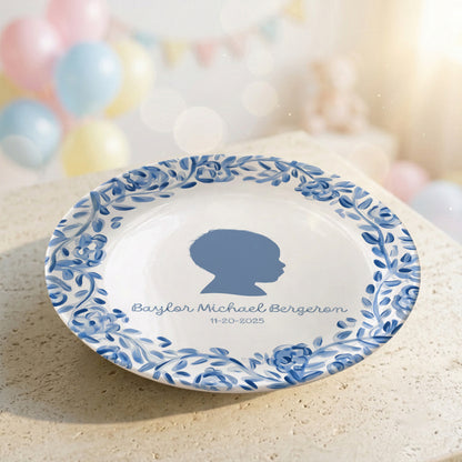 Blue Floral Silhouette Personalized Birthday Plate for Kids, Custom Name and Date Ceramic Keepsake P85LY90