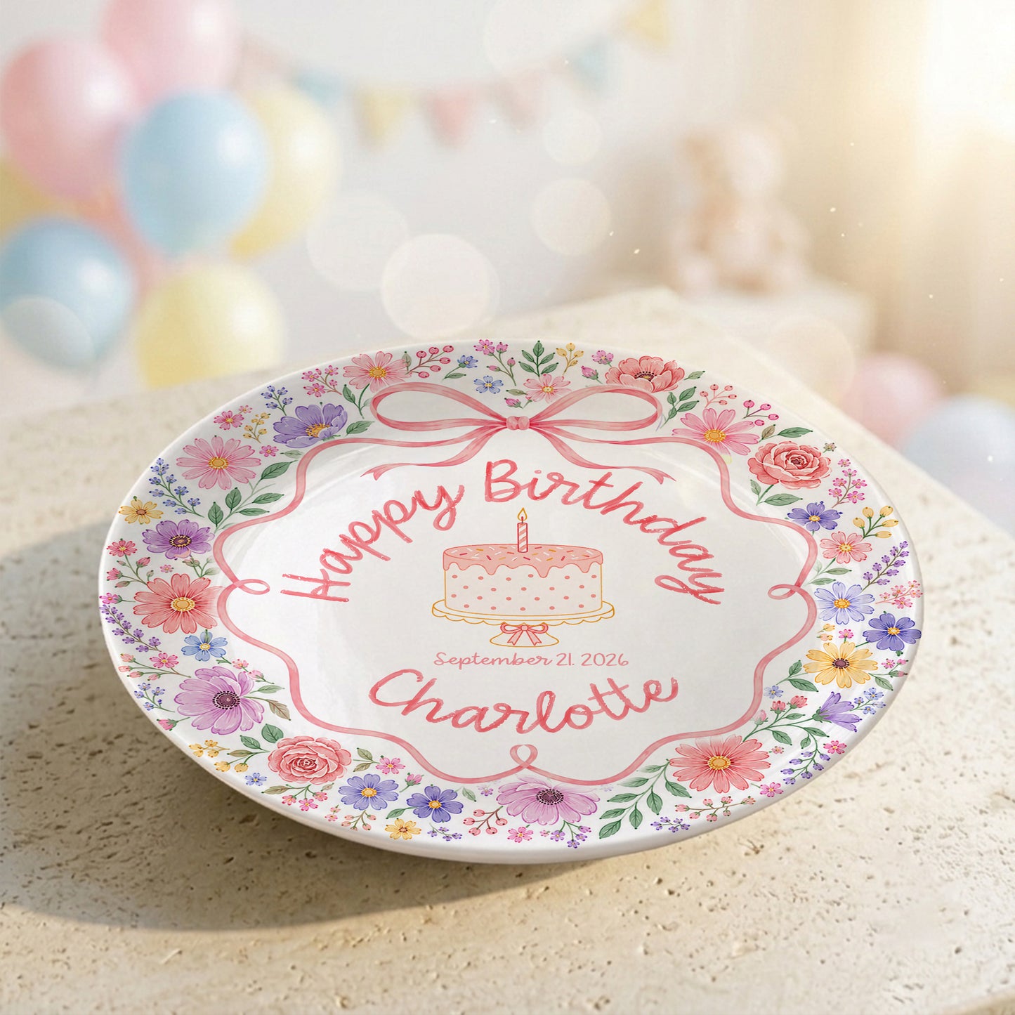 Floral Bow Cake Keepsake Personalized Birthday Plate for Girls P87DHJ0