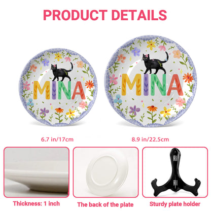 Lavender Scallop Border with Black Cat and Colorful Floral Name Personalized Birthday Plate P54NP00