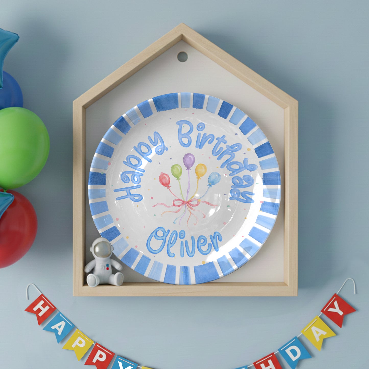Blue Striped Balloon Personalized Birthday Plate P225XBR0