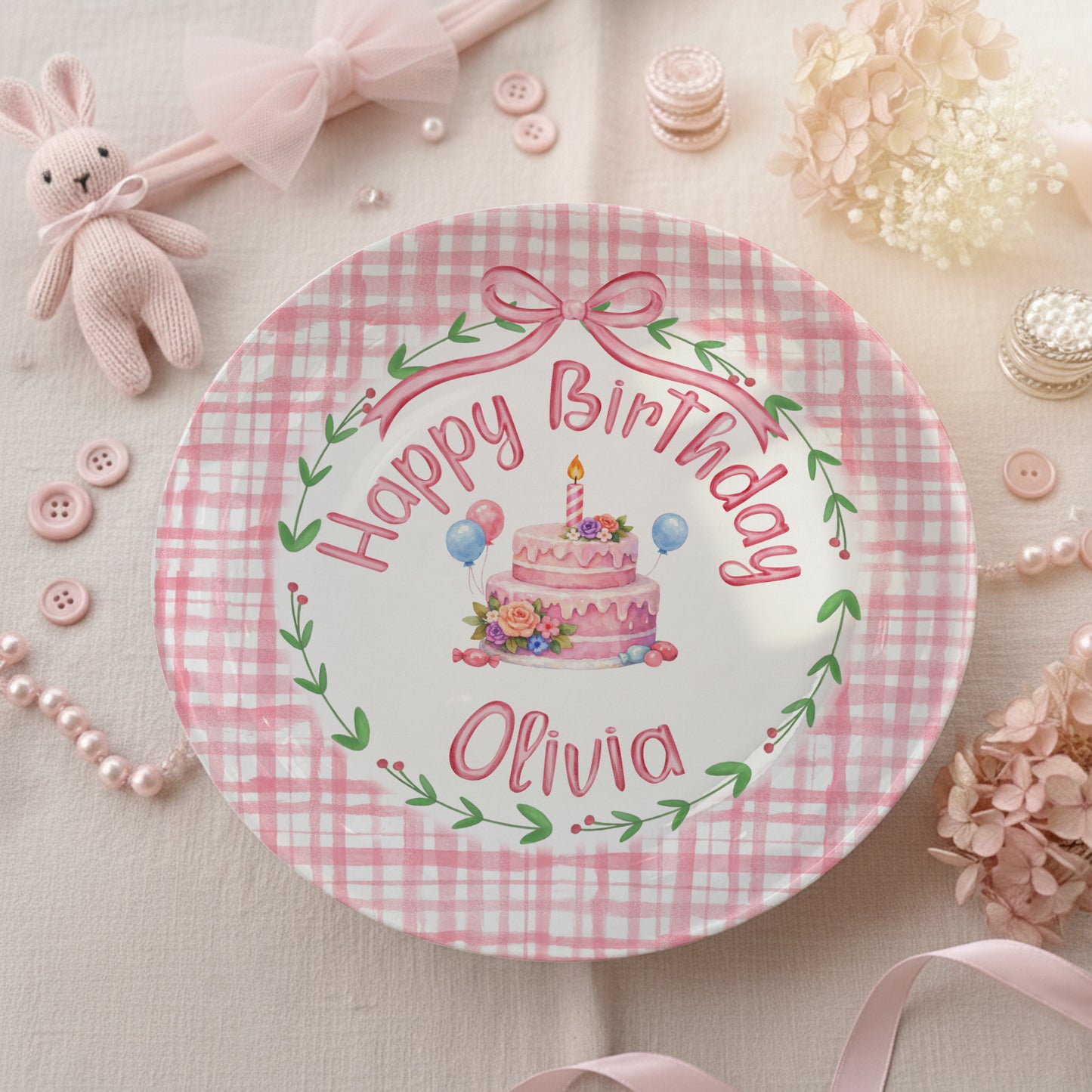 Pink Gingham Personalized Birthday Plate P130CVP0