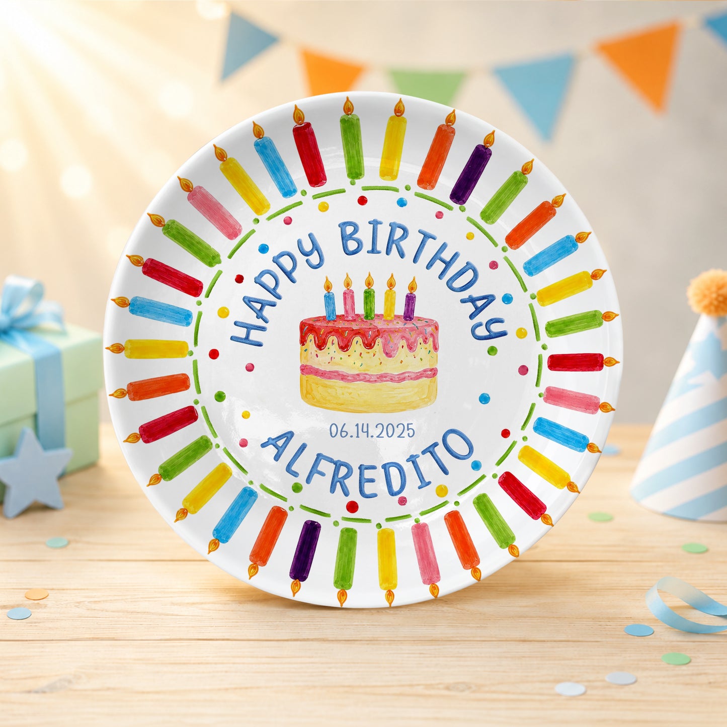 Birthday Cake & Rainbow Candles Personalized Birthday Plate P7160U20