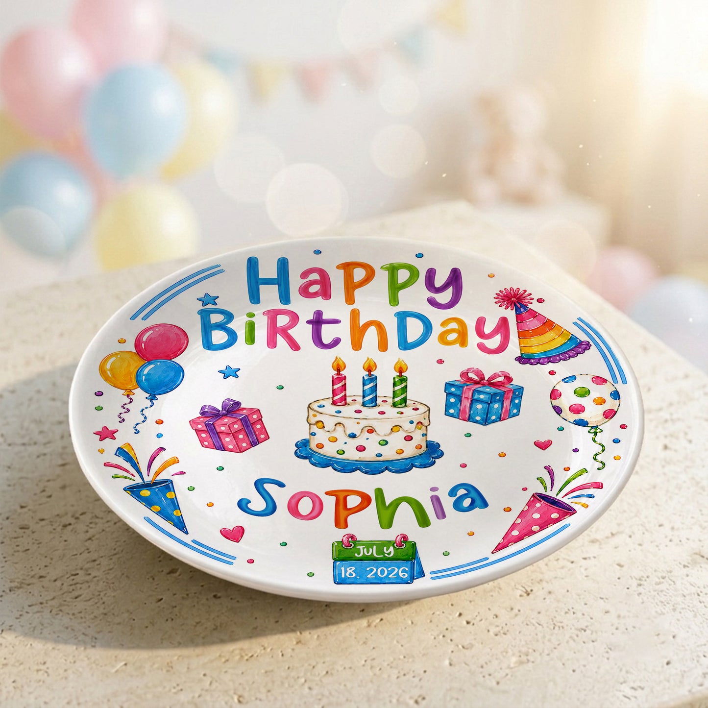 Colorful Party Cake Keepsake Gift Personalized Birthday Plate for Kids P86Z2N0
