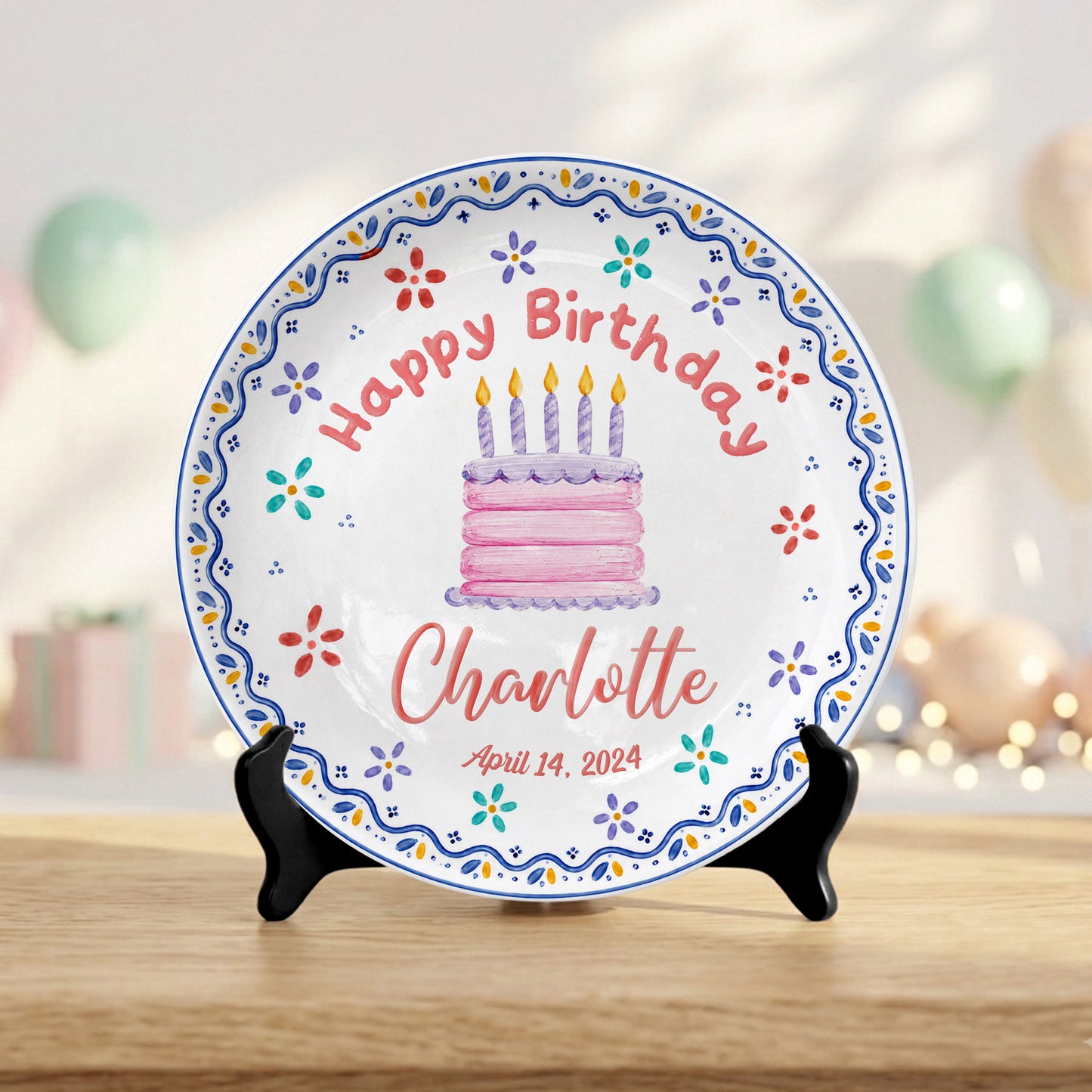Colorful Floral Cake Design Personalized Birthday Plate for Little Girls P814DYI0