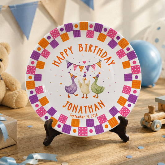 Orange Purple and Pink Checker Border with Party Ducks Personalized Birthday Plate P611QZK0