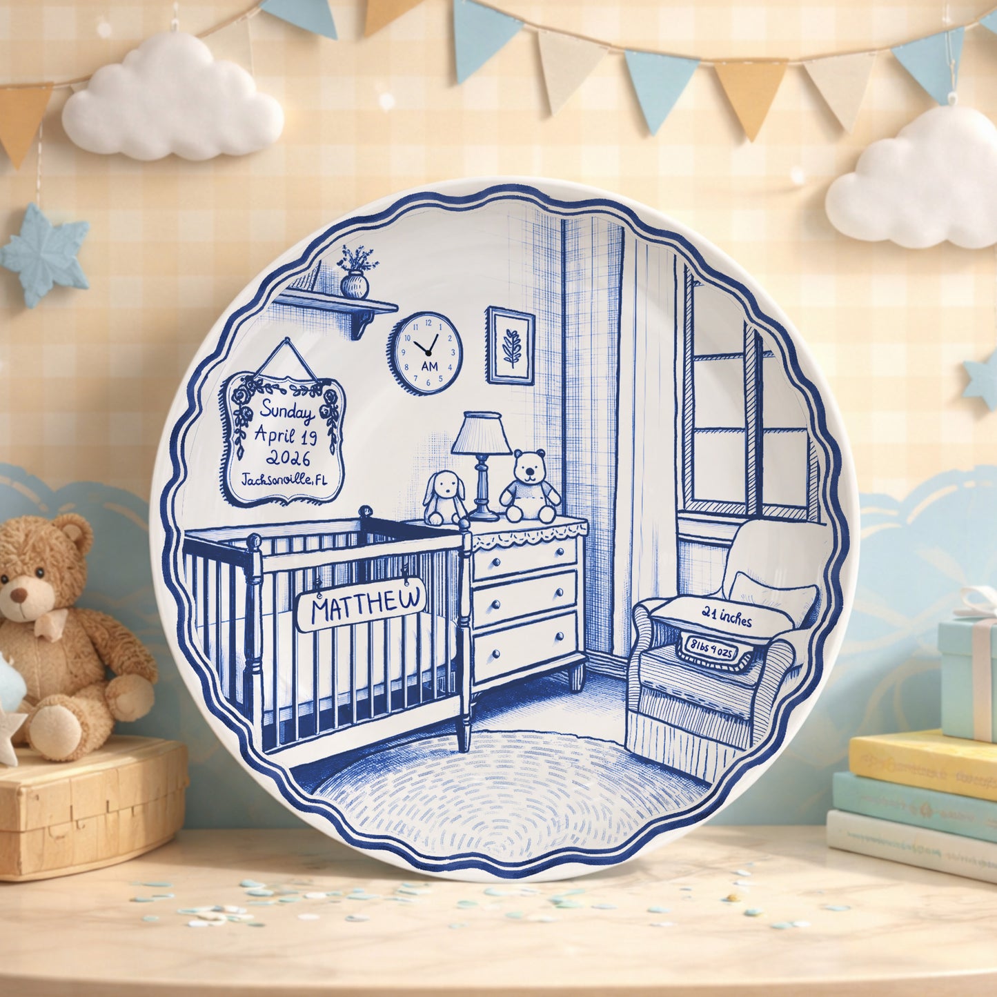 Pink & Blue Nursery Scene Personalized Birth Plate P513DV80