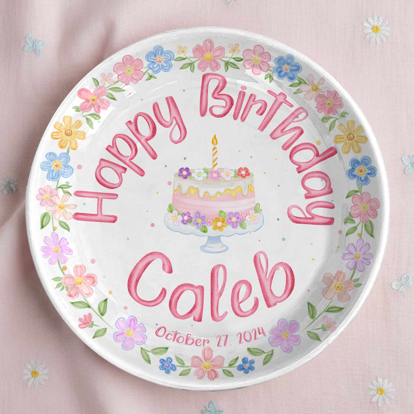 Pastel Floral Birthday Cake Personalized Birthday Plate P32GVK0