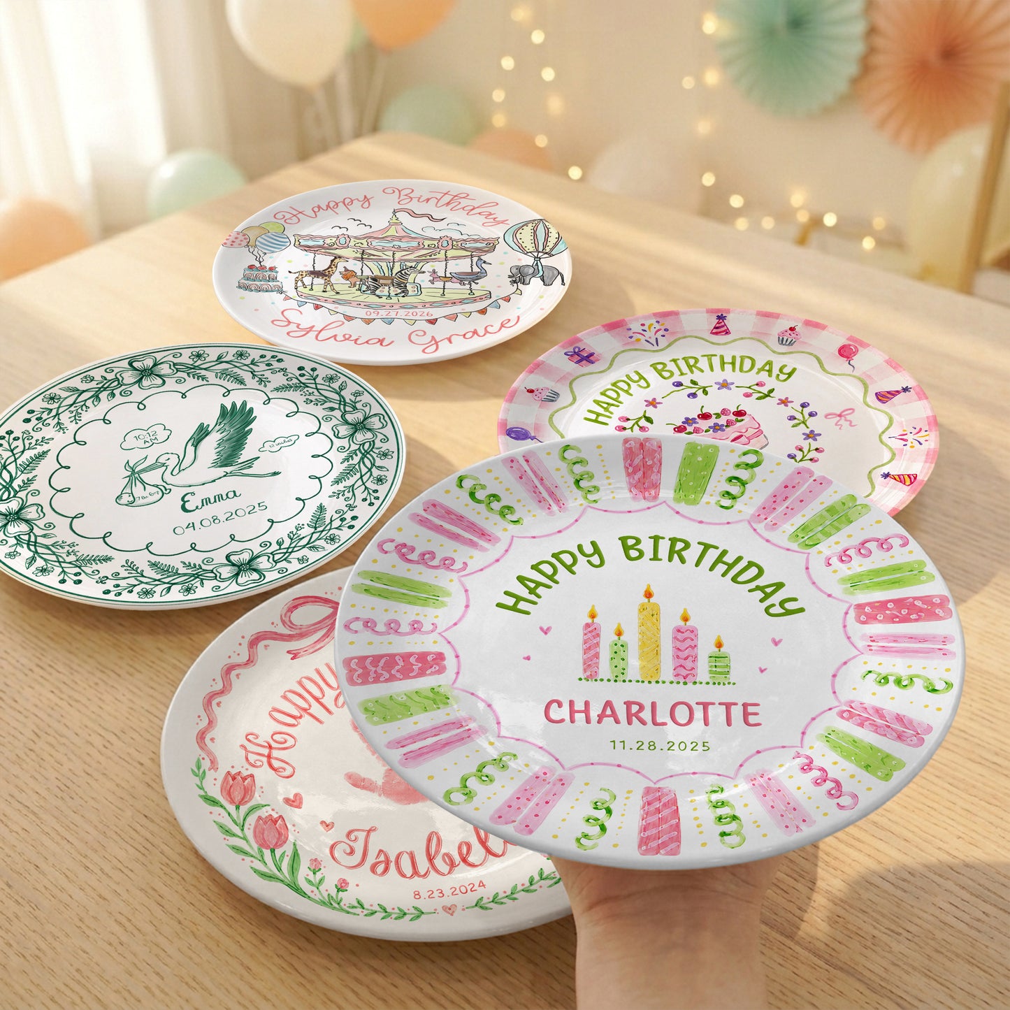 Colorful Pink Green Candle Design Personalized Birthday Plate for Kids P814XTQ0