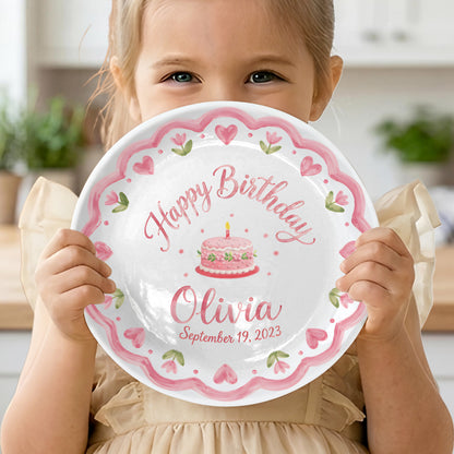 Pink Scallop Heart Border with Floral Birthday Cake Personalized Birthday Plate P415VCJ0