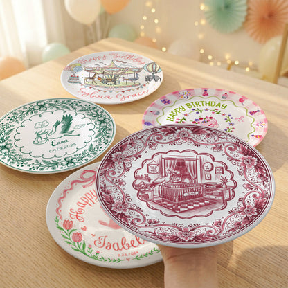 Pink Delft Newborn Birth Announcement Custom Ceramic Personalized Birthday Plate P820NIX0
