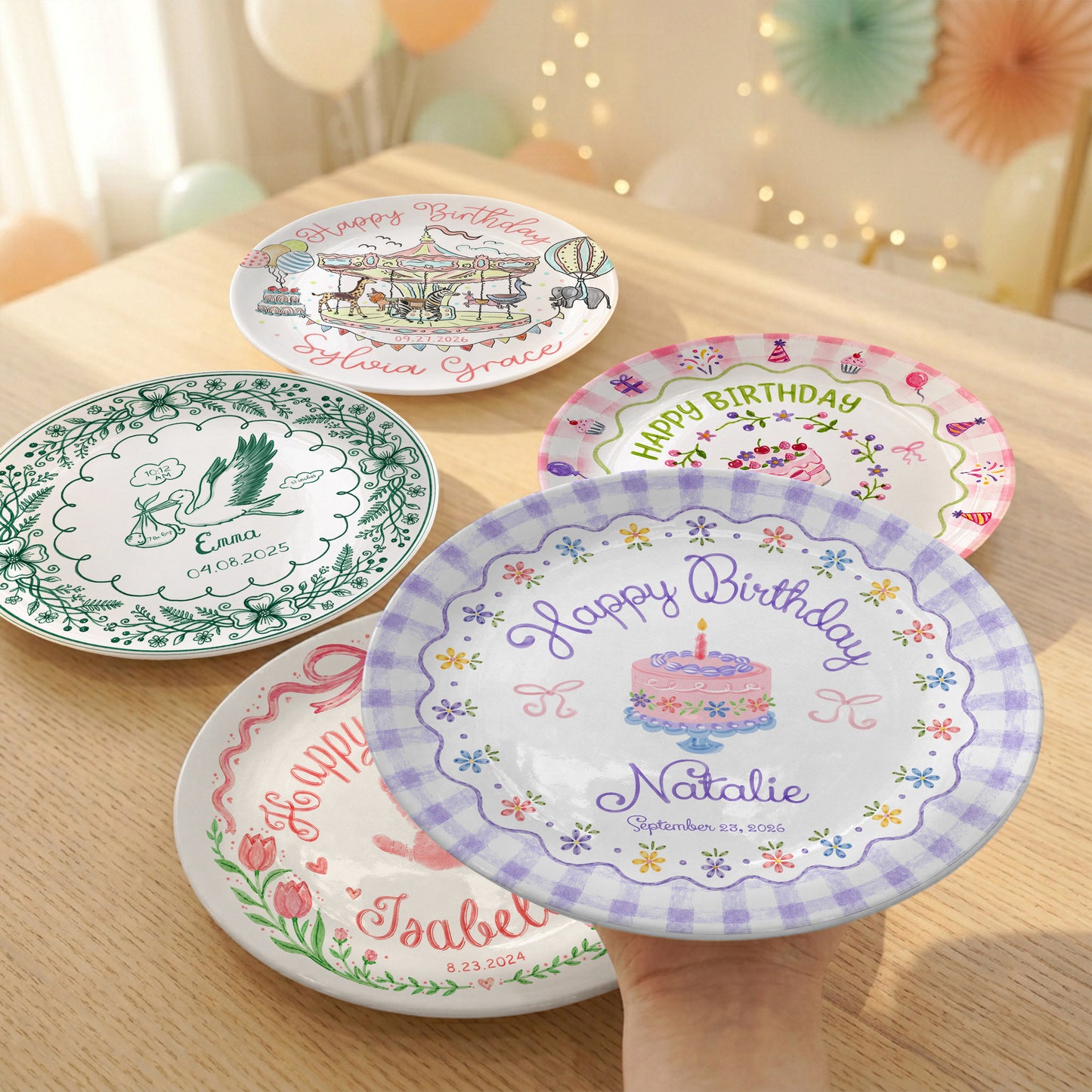 Purple Gingham Floral Birthday Cake Custom Name Keepsake Personalized Birthday Plate Gift P818DTR0