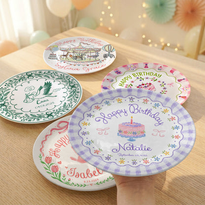Purple Gingham Floral Birthday Cake Custom Name Keepsake Personalized Birthday Plate Gift P818DTR0