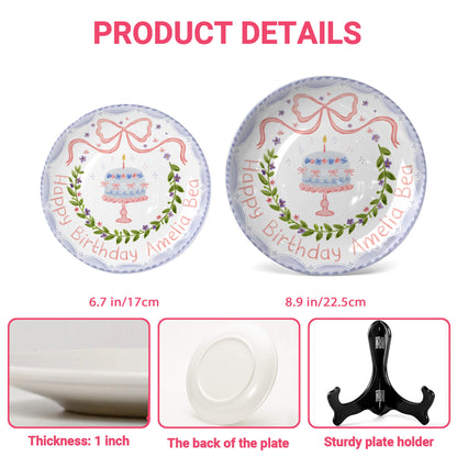 Pink Bow and Lavender Floral Wreath Cake Stand Personalized Birthday Plate P62GQC0