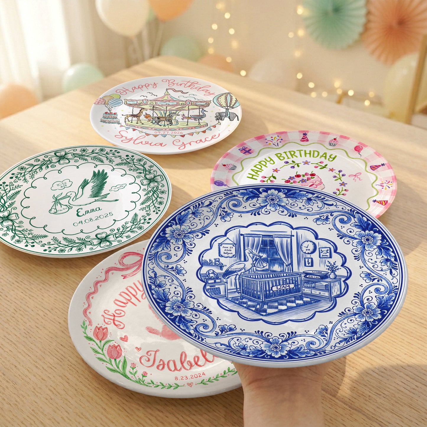 Delft Blue Newborn Birth Stats Custom Ceramic Keepsake Personalized Birthday Plate P820H8A0