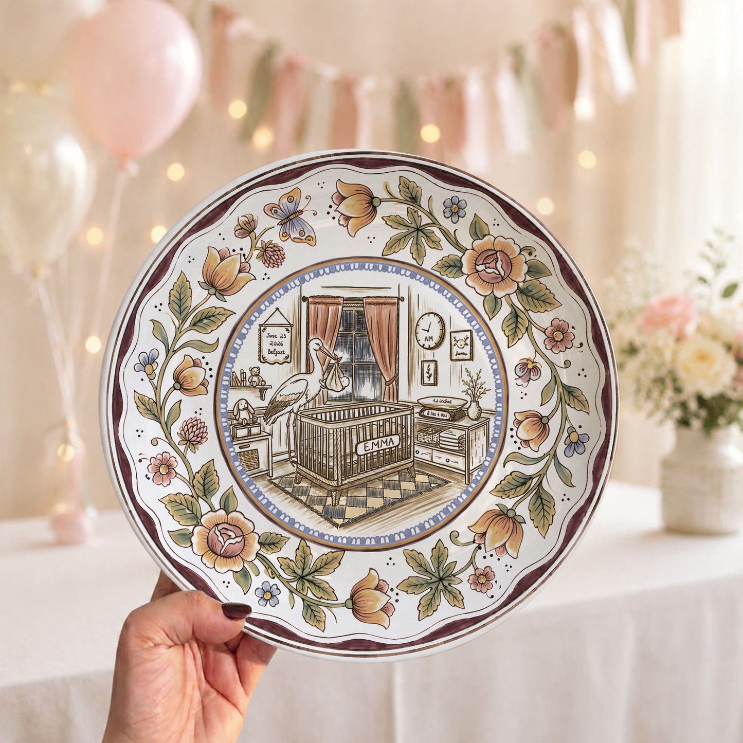 Floral Goose Baby Birth Stats Custom Ceramic Personalized Birthday Plate P825ZLY0