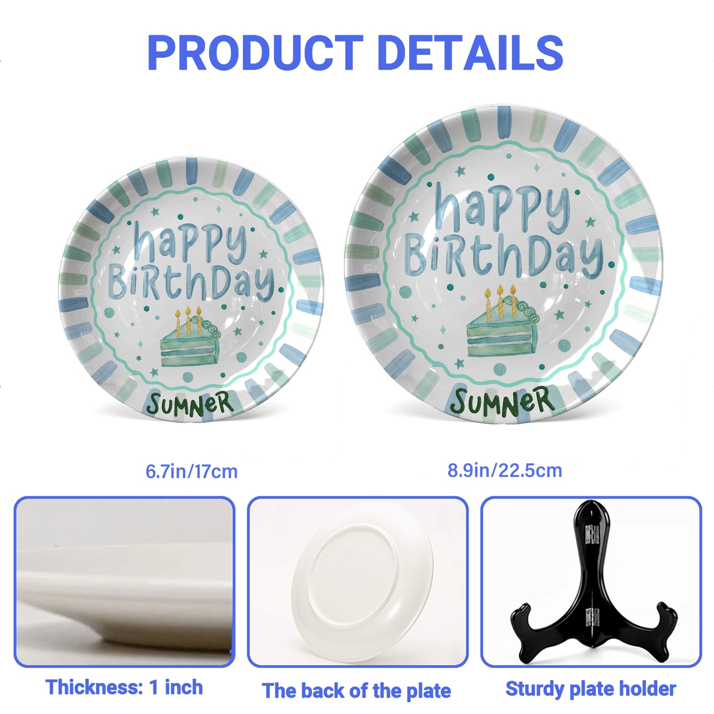 Blue and Mint Striped Border with Teal Cake Slice Personalized Birthday Plate D43D5V0