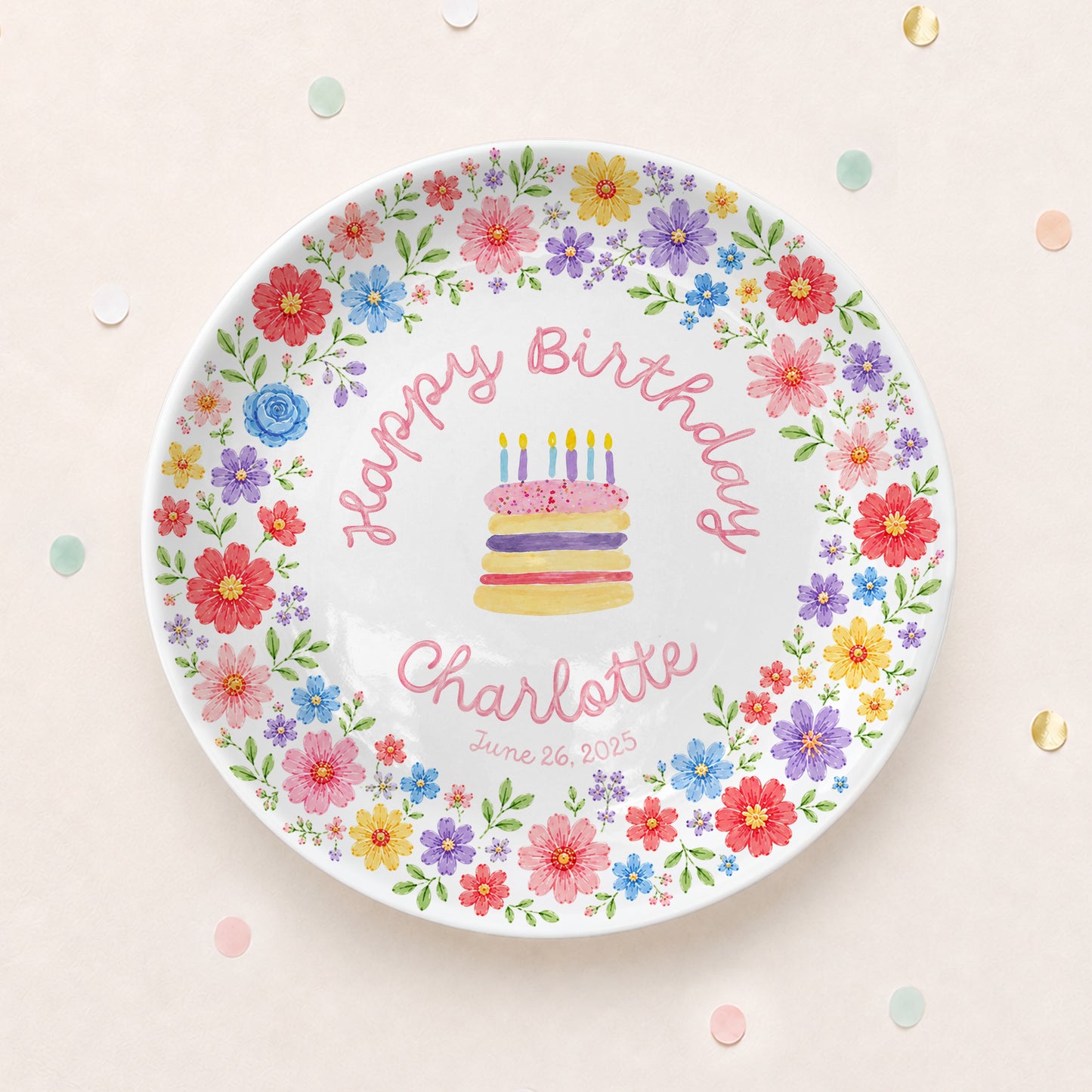 Colorful Floral Cake Personalized Birthday Plate D610EAF0