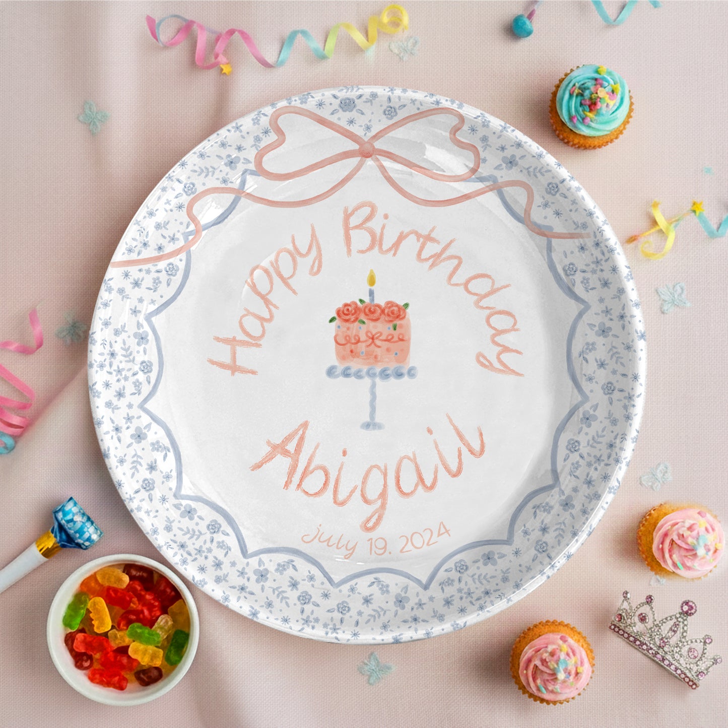 Cake with Peach Bow and Blue Floral Border Personalized Birthday Plate P1235ER0