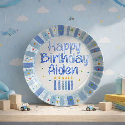 Blue Candles and Confetti Border Personalized Birthday Plate P274NR0