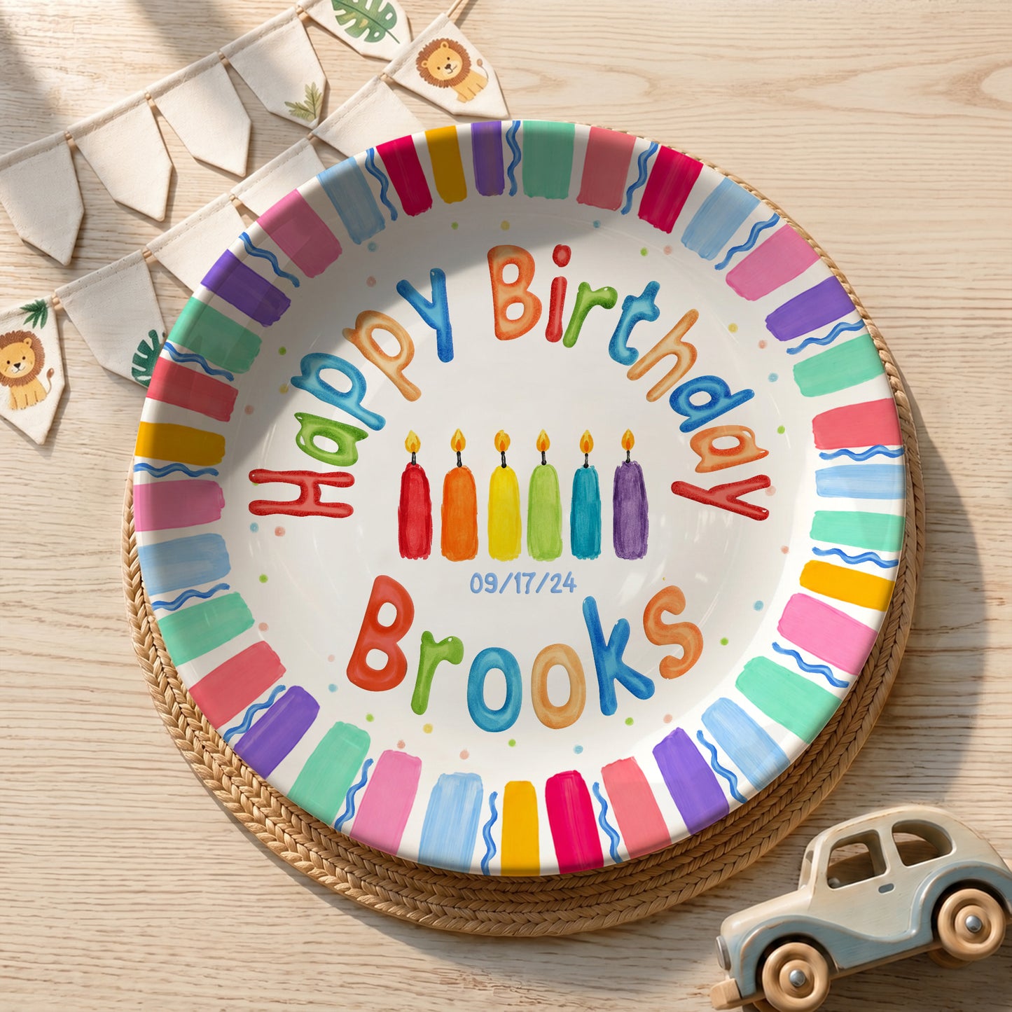 Rainbow Stripe Colorful Candle Personalized Birthday Plate D6103AG0