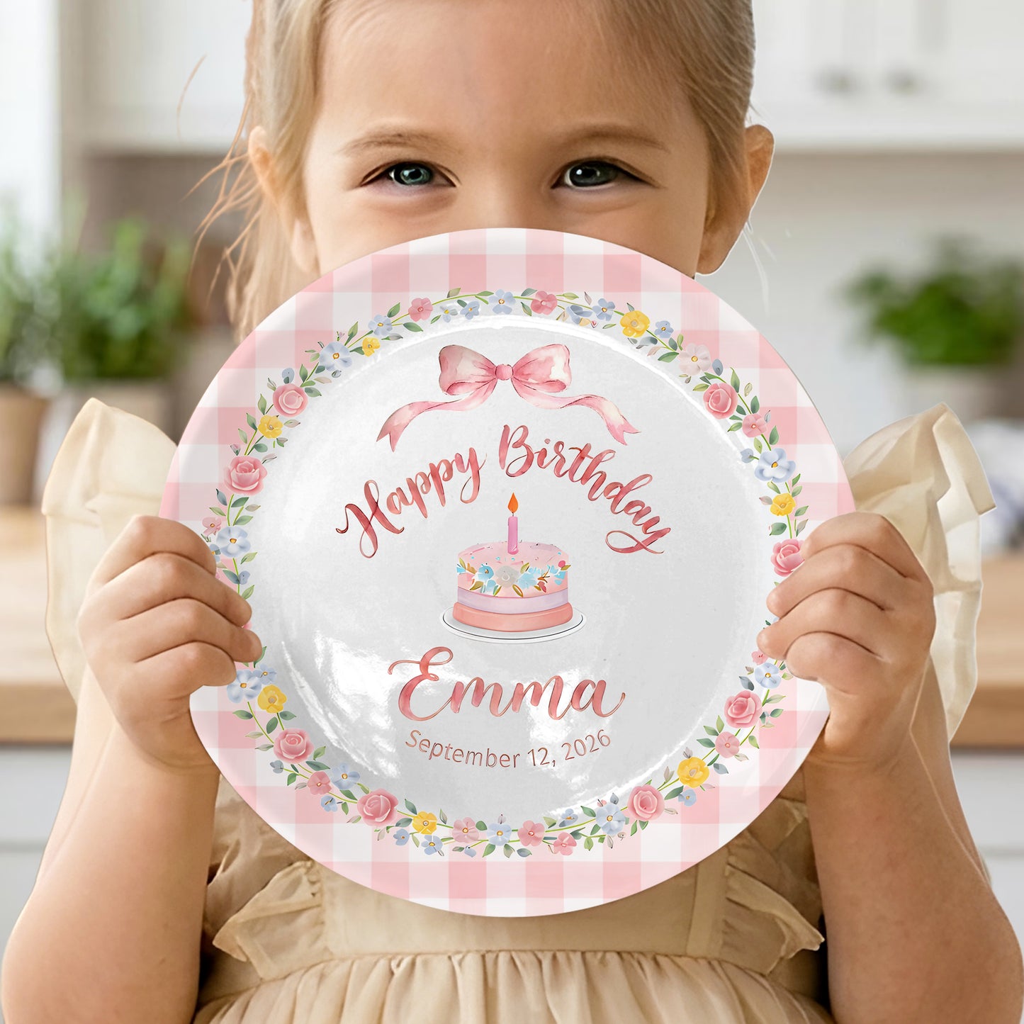 Pink Gingham Border with Floral Wreath Bow Personalized Birthday Plate P4151HJ0