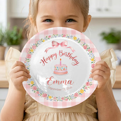 Pink Gingham Border with Floral Wreath Bow Personalized Birthday Plate P4151HJ0