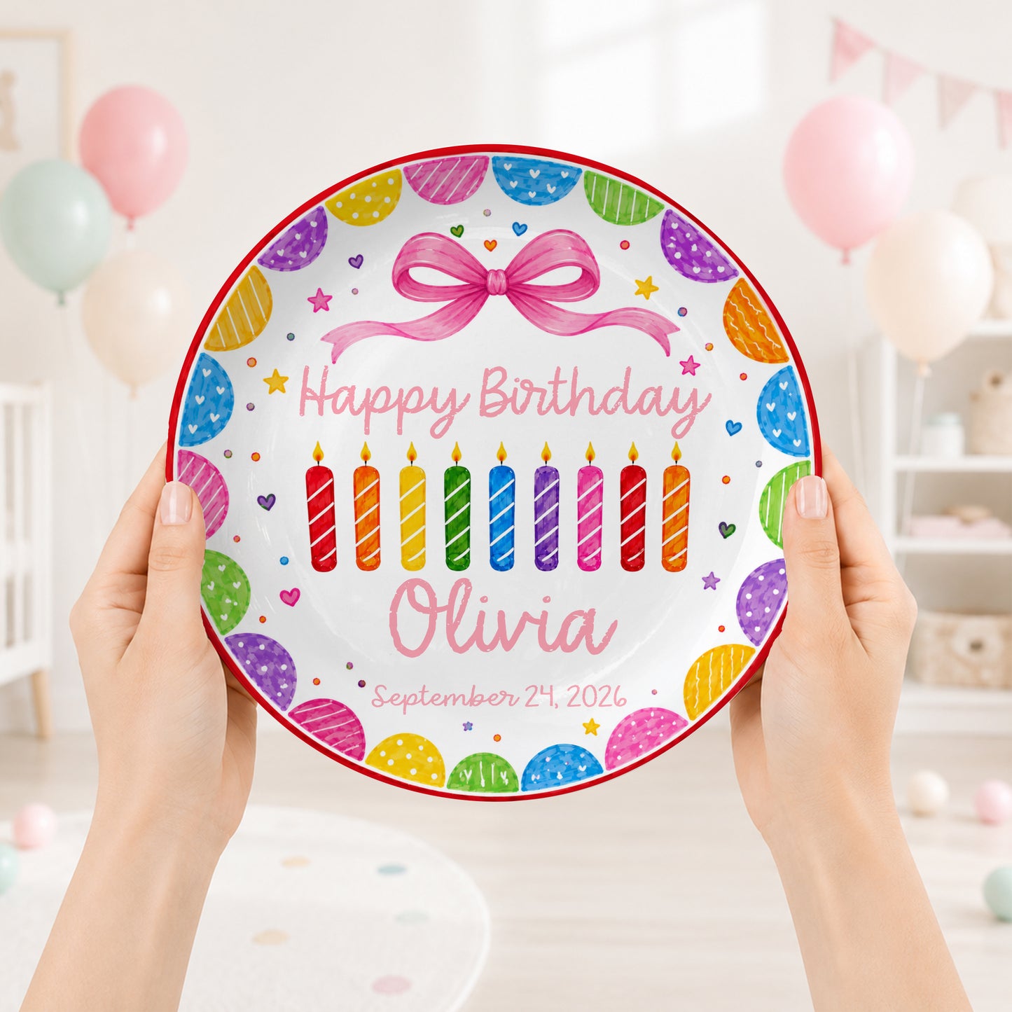 Happy Birthday Rainbow Candles Keepsake Personalized Birthday Plate for Kids P619T3J0