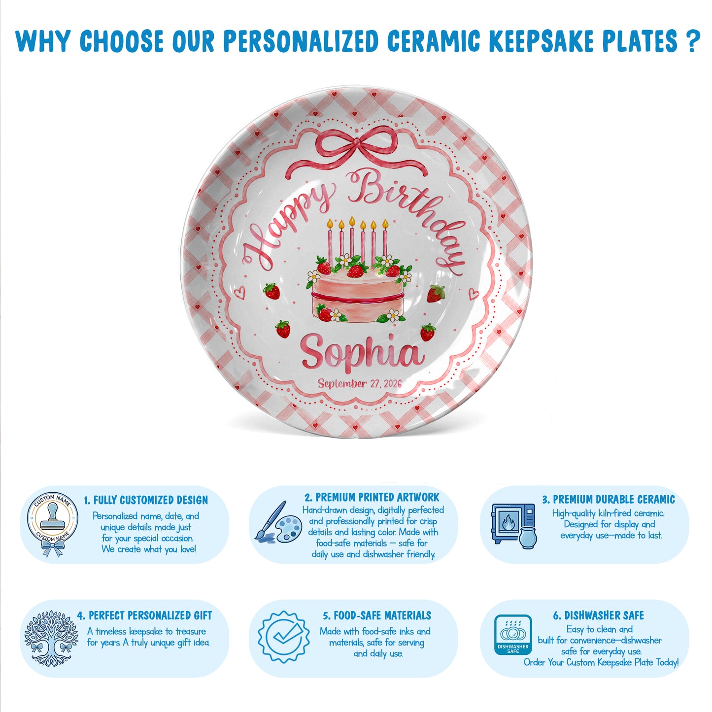 Strawberry Cake Personalized Birthday Plate for Girls, Custom Birthday Keepsake Gift P722H0R0