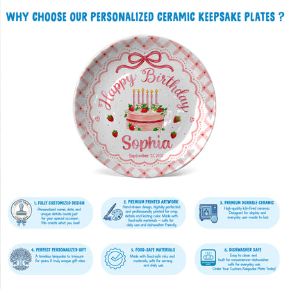 Strawberry Cake Personalized Birthday Plate for Girls, Custom Birthday Keepsake Gift P722H0R0