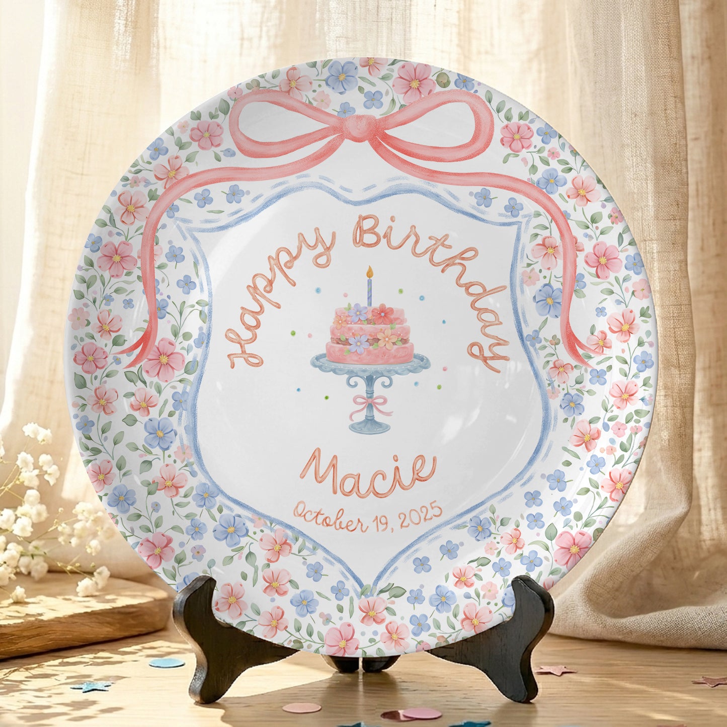 Pastel Floral Bow Cake Personalized Birthday Plate for Kids P317AIP0