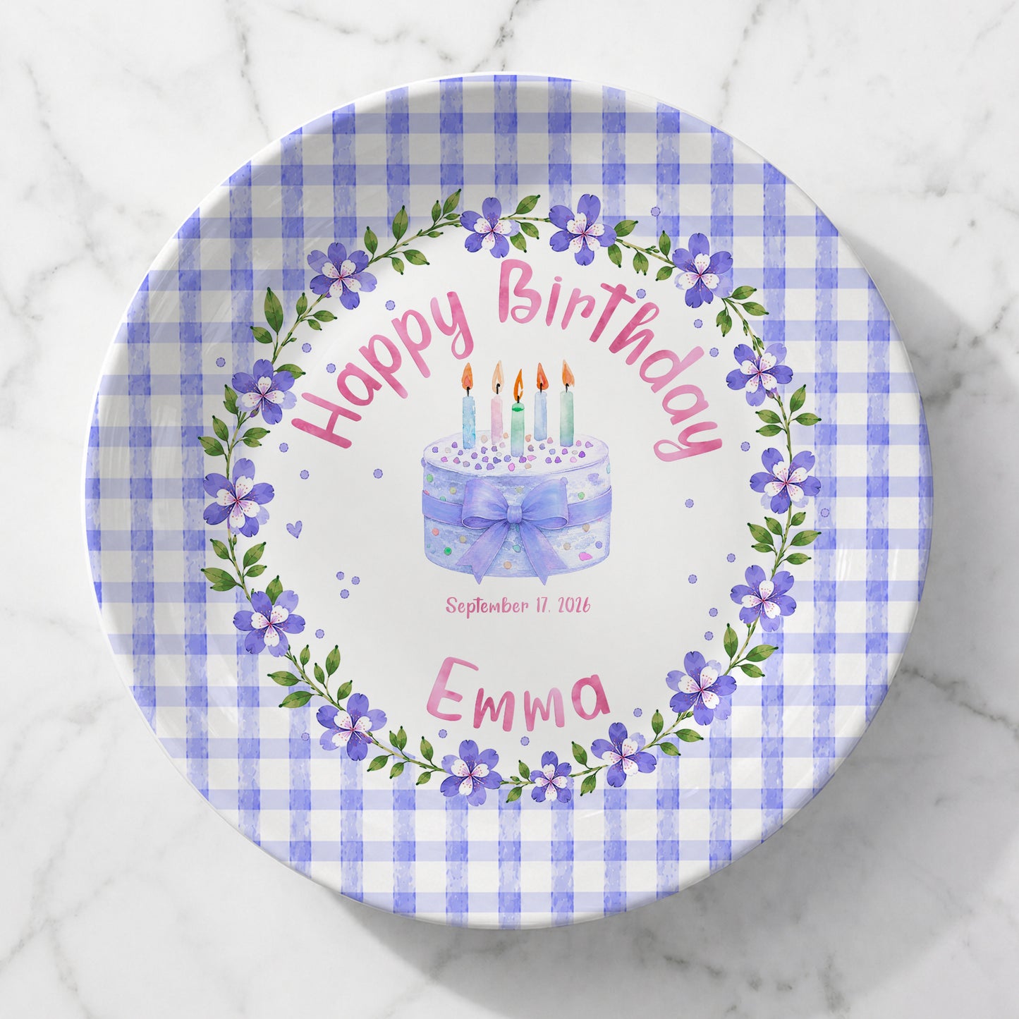 Purple Gingham Border with Floral Wreath Personalized Birthday Plate P624NIV0