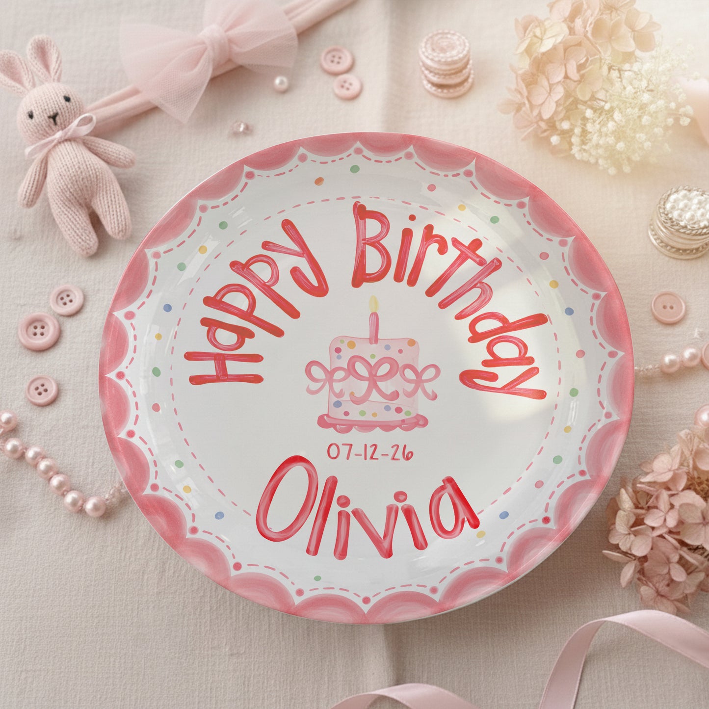 Pink Scalloped Border Personalized Birthday Plate P318HLY0