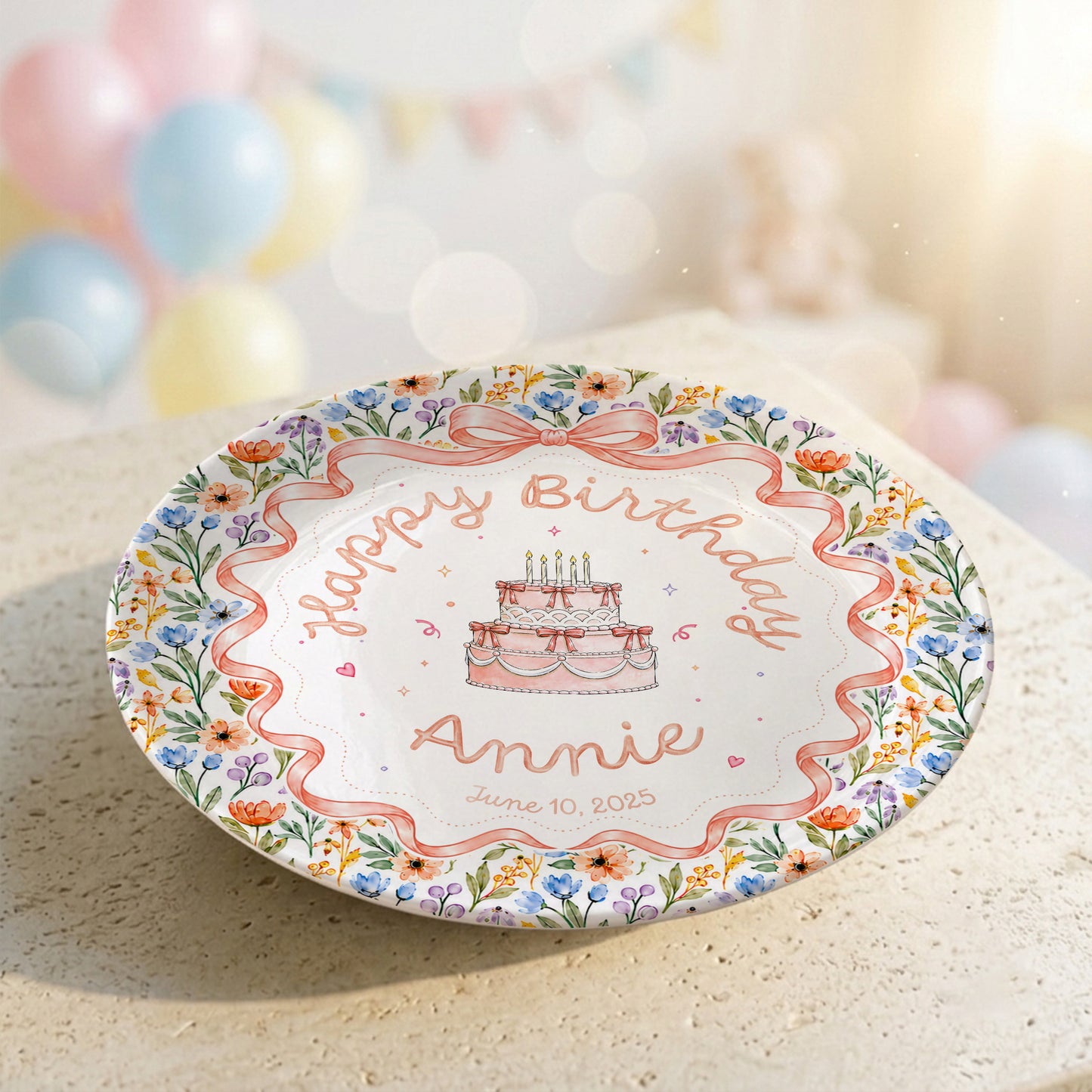 Floral Bow Birthday Cake Personalized Birthday Plate for Kids Keepsake P86TSJ0