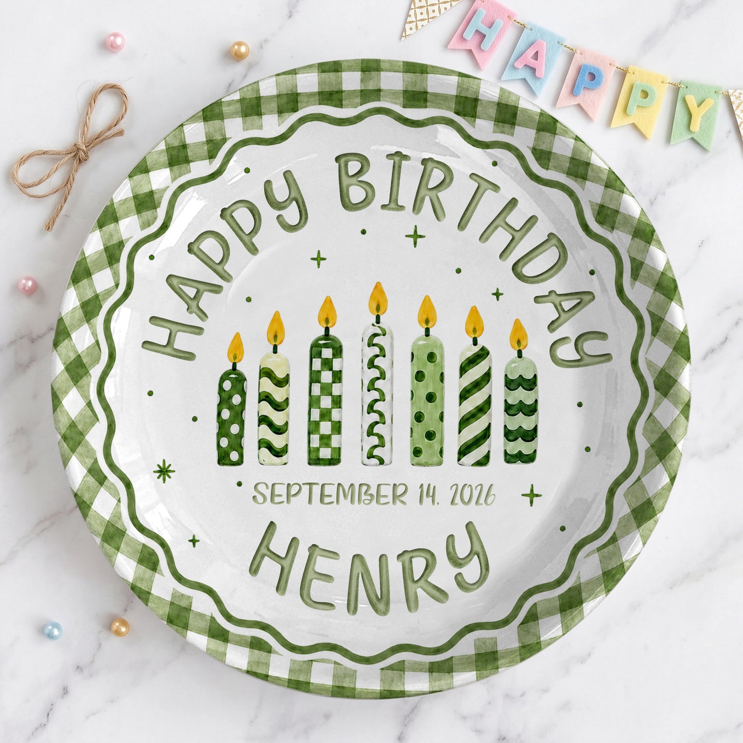 Green Gingham Birthday Candles Keepsake Personalized Birthday Plate for Kids P72333Z0