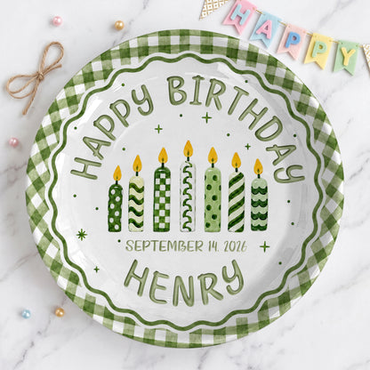 Green Gingham Birthday Candles Keepsake Personalized Birthday Plate for Kids P72333Z0