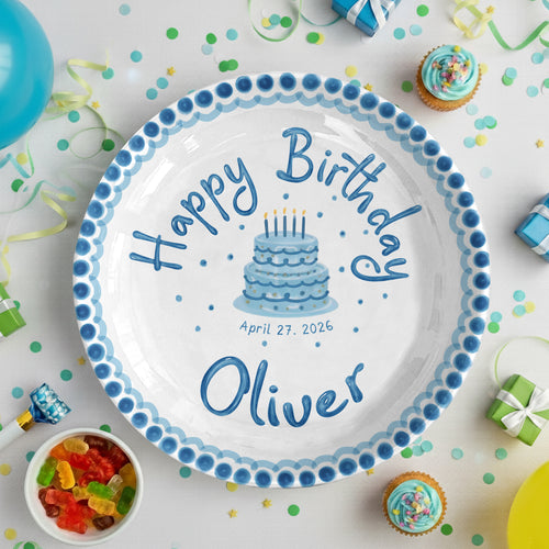 Blue Dotted Border and Cake Personalized Birthday Plate P32WRE0
