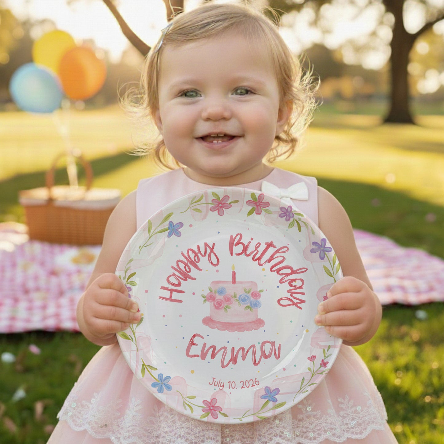 Floral Cake with Blush Border Personalized Birthday Plate P29SK70