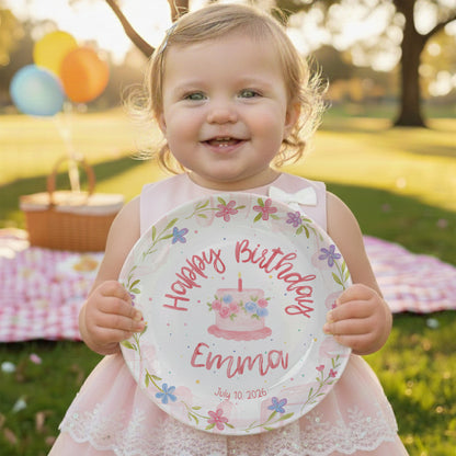 Floral Cake with Blush Border Personalized Birthday Plate P29SK70
