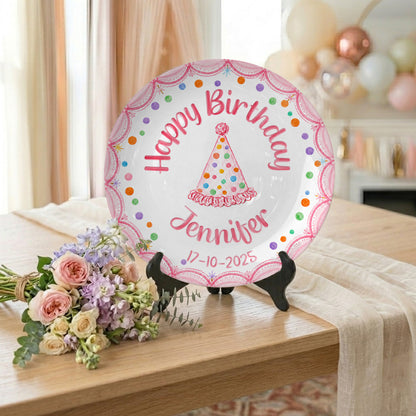 Pink Scallop Border with Colorful Polka Dot & Party Hat Personalized Birthday Plate P5653B0