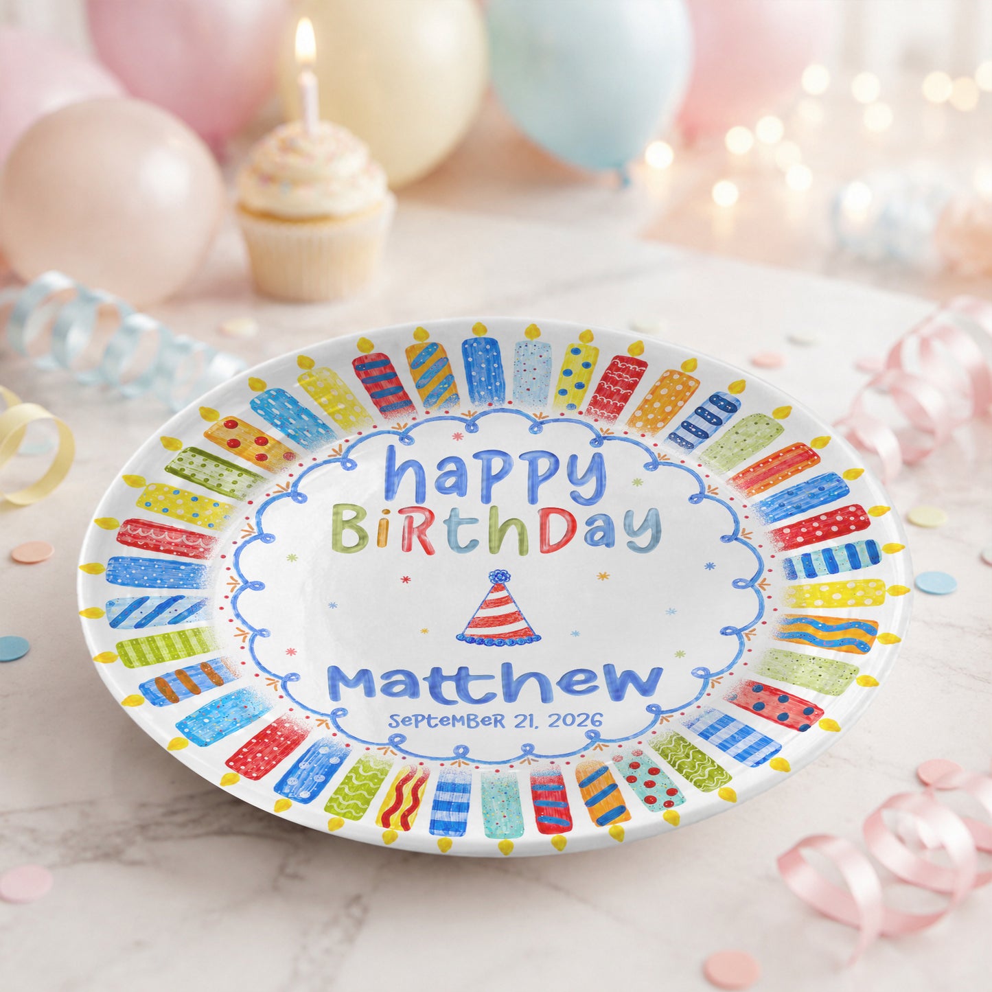 Colorful Candle Celebration Custom Name Ceramic Keepsake Personalized Birthday Plate P82509W0