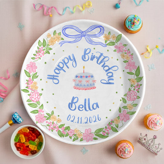 Blue Bow Flower Border Personalized Birthday Plate P311I7Y0