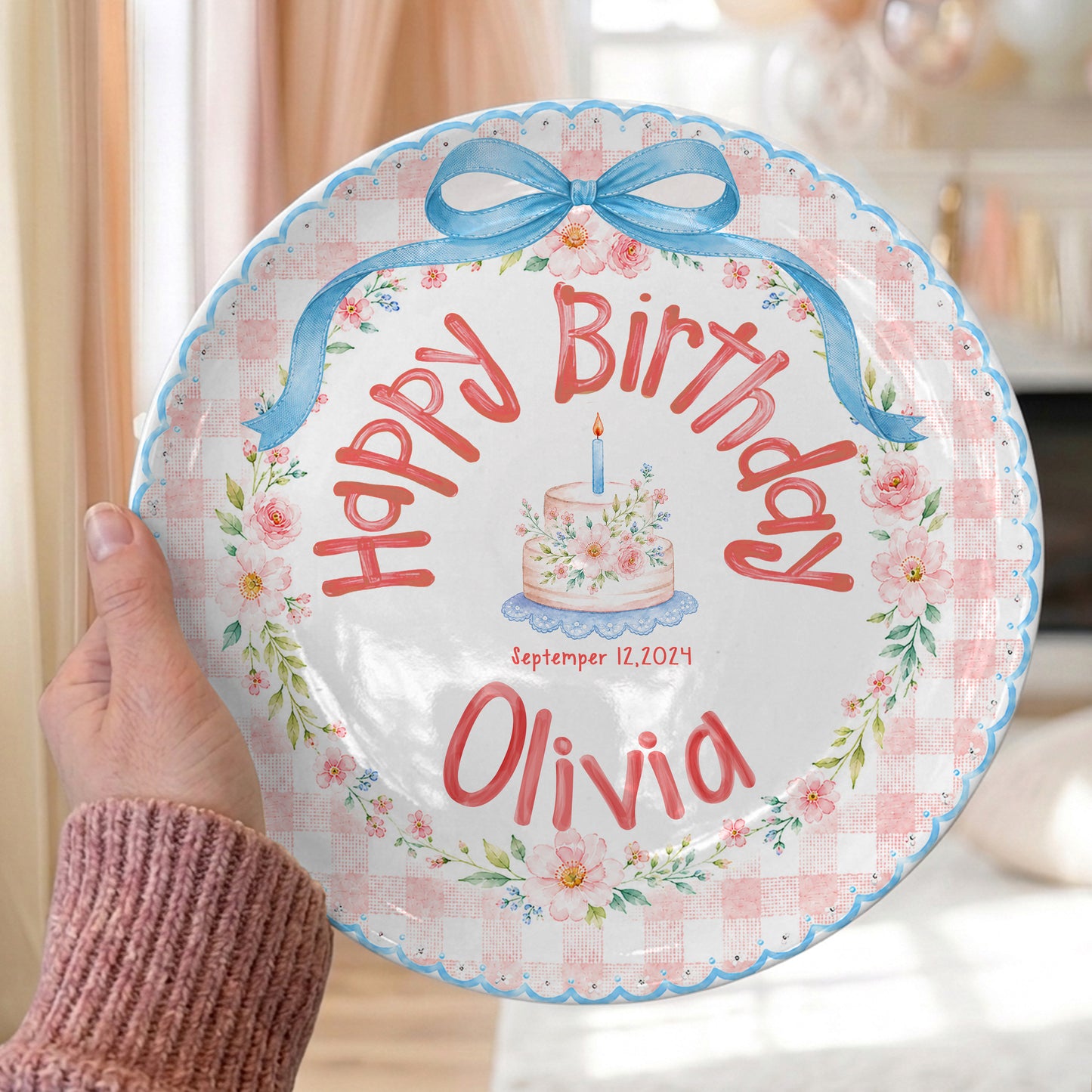 Blue Bow Gingham Floral Personalized Birthday Plate P561Y10