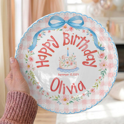 Blue Bow Gingham Floral Personalized Birthday Plate P561Y10