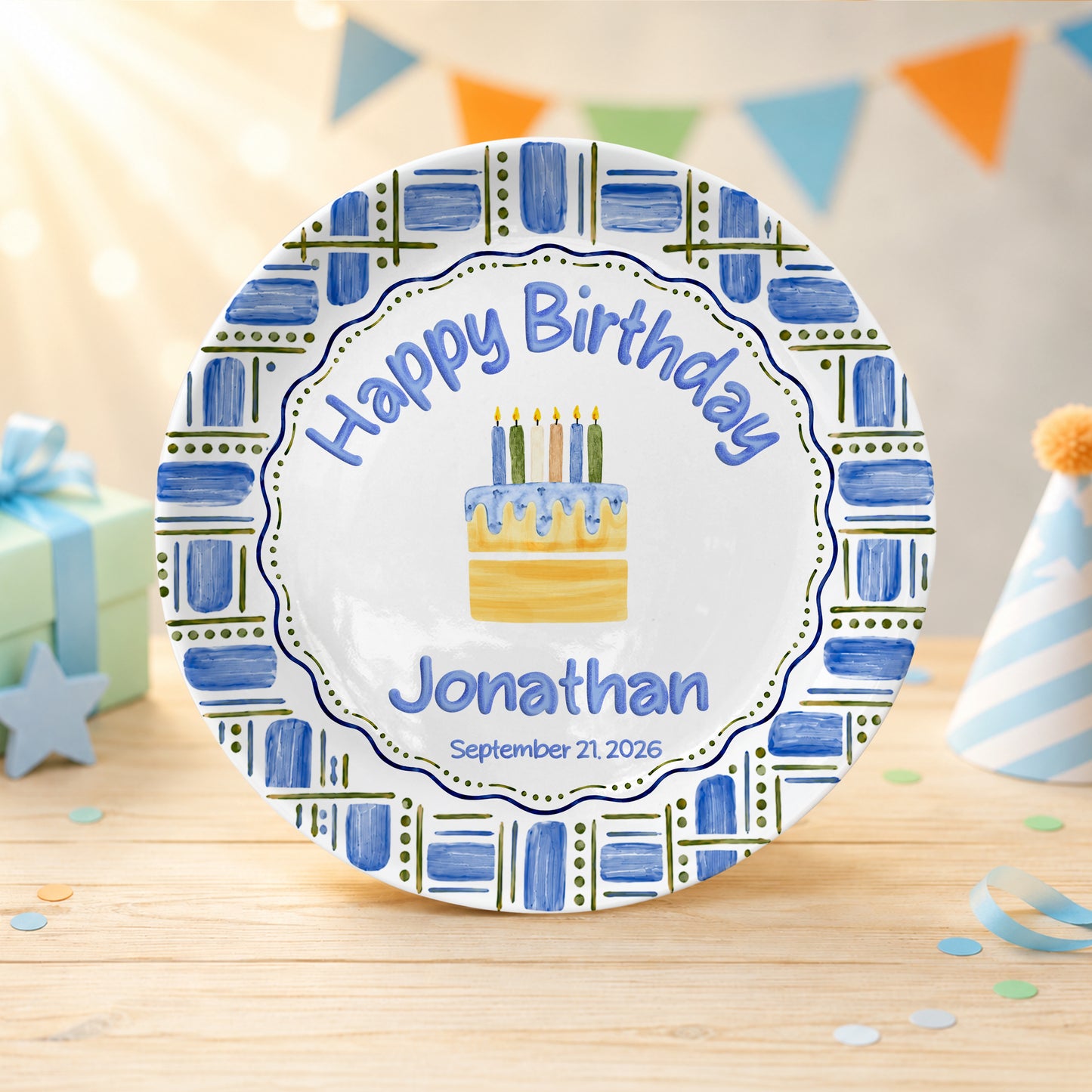 Blue Plaid Personalized Birthday Plate for Boys, Custom Birthday Keepsake Gift P730VM90
