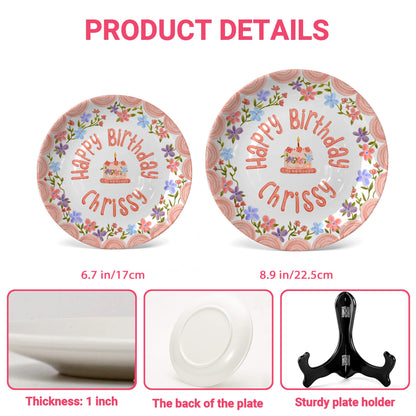 Pink Scallop Border with Colorful Floral Wreath Personalized Birthday Plate P42VPA0