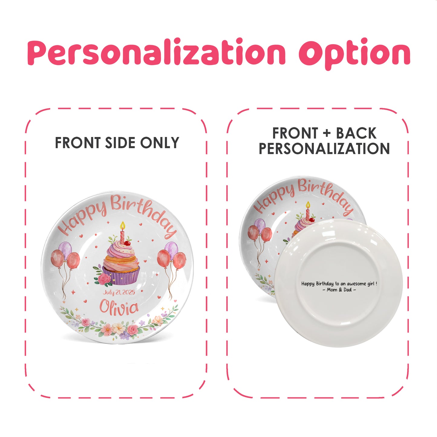Cupcake with Balloons and Floral Personalized Birthday Plate D319DJS0